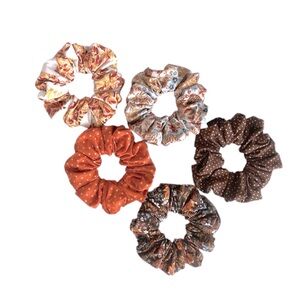 Floral and Polka Dot Scrunchie Set - Brown, Orange, Cream